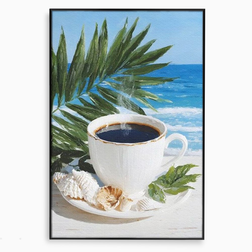 Tablou canvas cu tablou canvas cu ceasca de cafea pe plaja, in rama de aluminiu negru